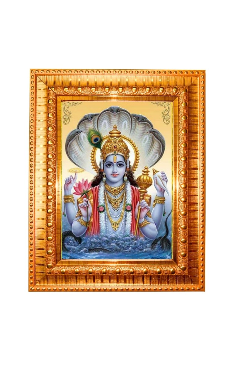 Lord Narayan Golden Designer Photo Frame | 10x14 Inch Religious Wall Hanging Frame For Home & Office Decoration | Hindu Deity Lord Narayan Spiritual Gift Item