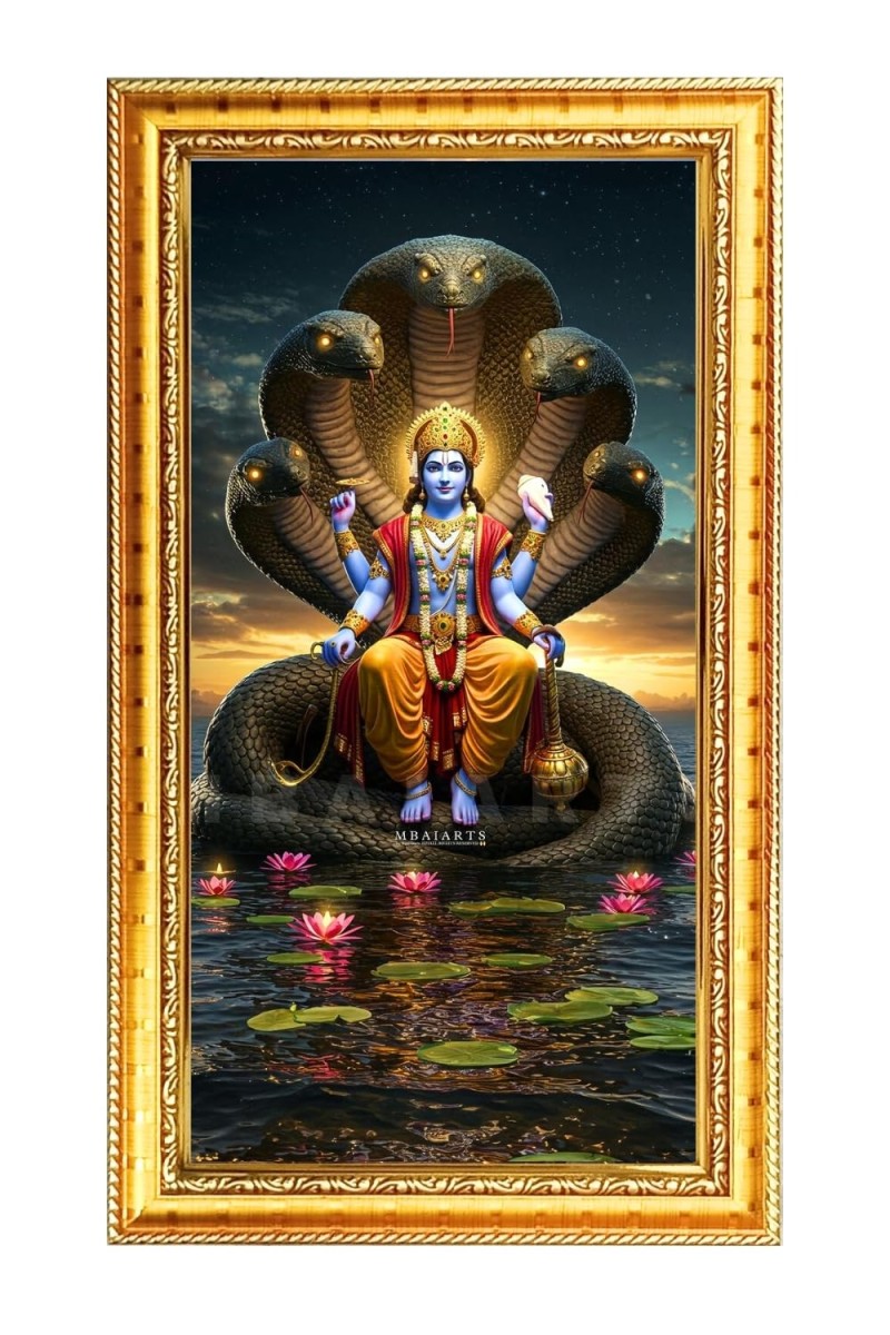 Lord Vishnu Digital Golden Color Photo Frame | Hindu Religious Wall Decor | 8x15 Inches - Inspirational Wall Art For Office, Home Decor - Ideal Spiritual Gift (F10369)