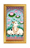 Pichwai Cow And Calf In A Lotus Pond Digital Golden Color Photo Frame | Hindu Religious Wall Decor | 8x15 Inches - Inspirational Wall Art For Office, Home Decor - Ideal Spiritual Gift (F10311)