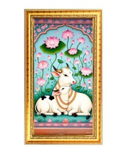 Pichwai Cow And Calf In A Lotus Pond Digital Golden Color Photo Frame | Hindu Religious Wall Decor | 10x17 Inches - Inspirational Wall Art For Office, Home Decor - Ideal Spiritual Gift (F10311)