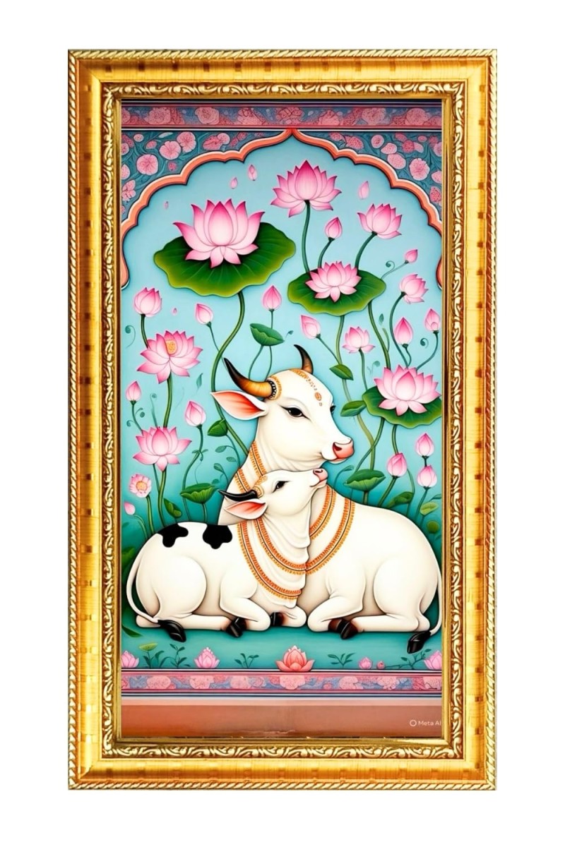 Pichwai Cow And Calf In A Lotus Pond Digital Golden Color Photo Frame | Hindu Religious Wall Decor | 8x15 Inches - Inspirational Wall Art For Office, Home Decor - Ideal Spiritual Gift (F10311)