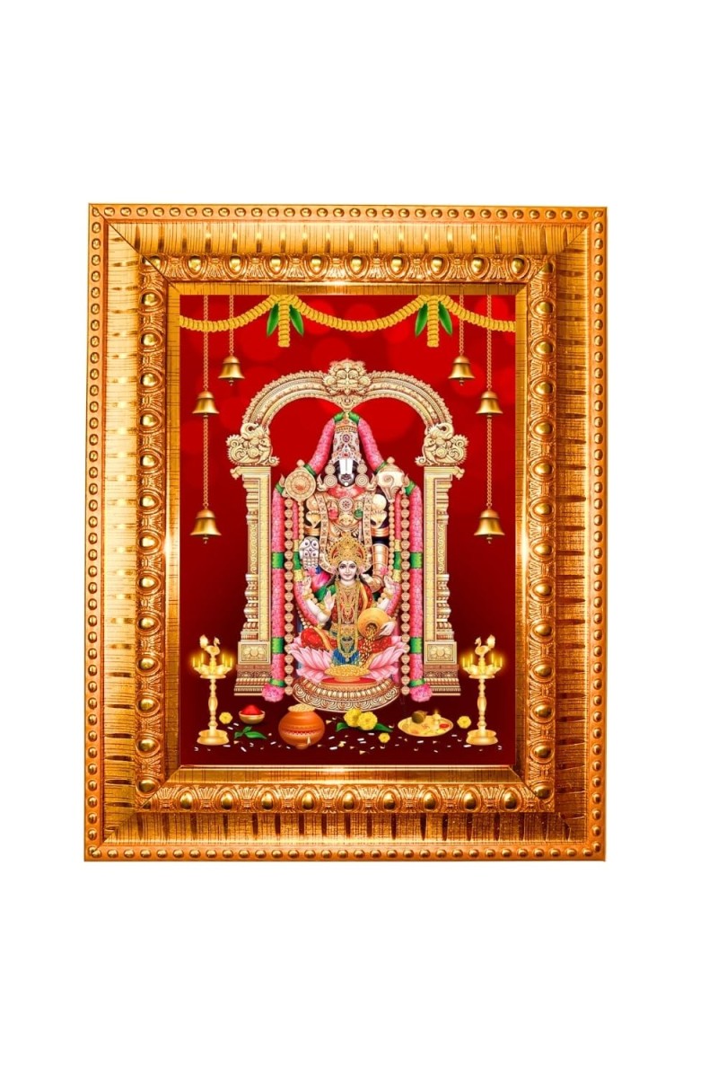 Tirupati Balaji Golden Designer Photo Frame | 10x14 Inch Religious Wall Hanging Frame For Home & Office Decoration | Hindu Deity Tirupati Balaji Spiritual Gift Item