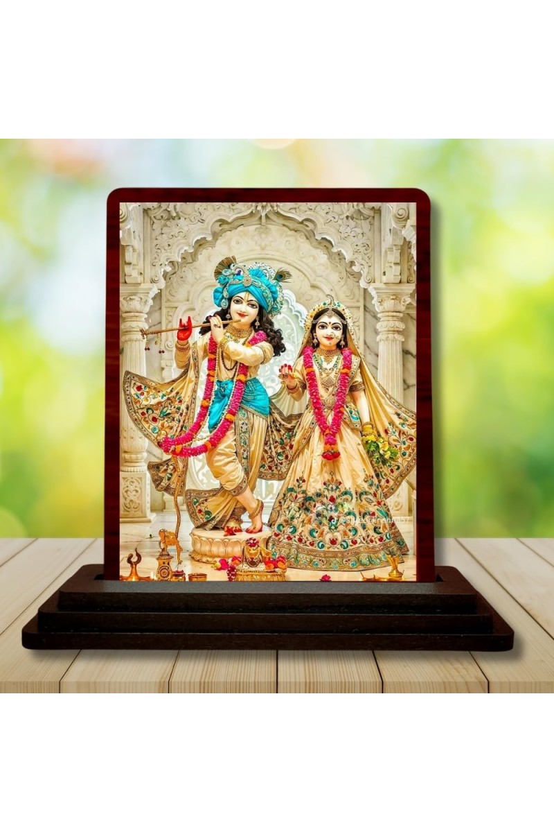 Car Desk/Table Top Lord Radha Krishna Wooden Photo Stand â€“ 3x4 Inches, Compact & Stylish Spiritual Display For Car, Home & Office (Pack Of 1) (F15119)