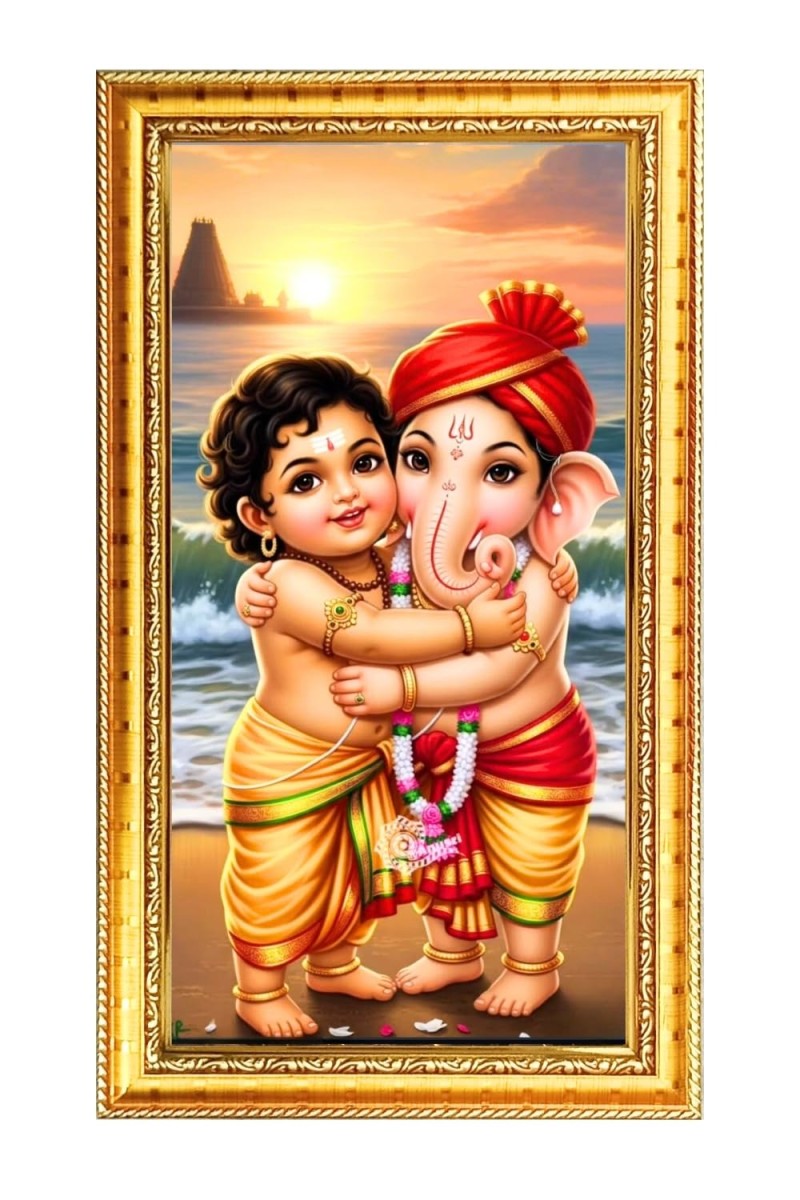 Bala Murugan & Lord Ganesh Digital Golden Color Photo Frame | Hindu Religious Wall Decor | 8x15 Inches - Inspirational Wall Art For Office, Home Decor - Ideal Spiritual Gift (F10351)