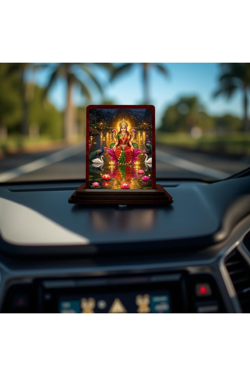 Car Desk/Table Top Goddess Lakshmi Wooden Photo Stand 3x4 Inches, Compact & Stylish Spiritual Display For Car, Home & Office (Pack Of 1) (F14377)