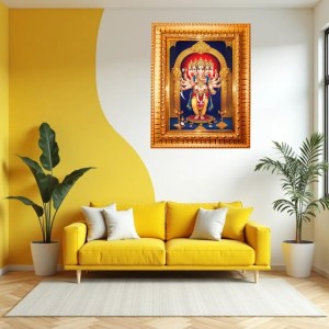 Panchamukhi Vinayaka Or Heramba Ganapati Golden Designer Photo Frame | 10x14 Inch Religious Wall Hanging Frame For Home & Office Decoration | Hindu Deity Panchamukhi Vinayaka Or Heramba Ganapati Spiri