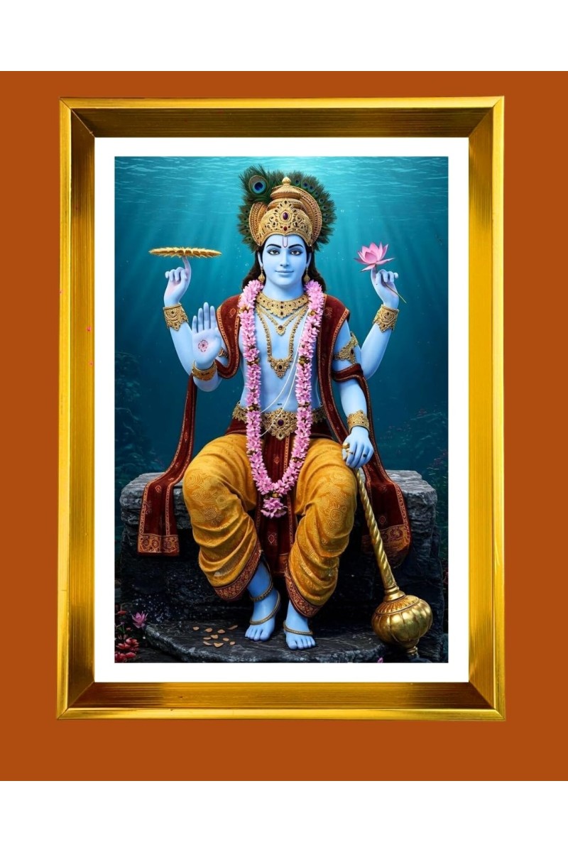 Lord Vishnu Golden Photo Frame - 16x20 Inches | Elegant Wooden Frame For Home, Office & Temple Decoration | Spiritual Wall & Table Decor And Gift Item (F9780)