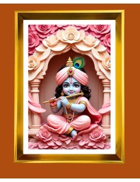 Cute Baby Krishna Golden Photo Frame - 14x18 Inches | Elegant Wooden Frame For Home, Office & Temple Decoration | Spiritual Wall & Table Decor And Gift Item (F9811)