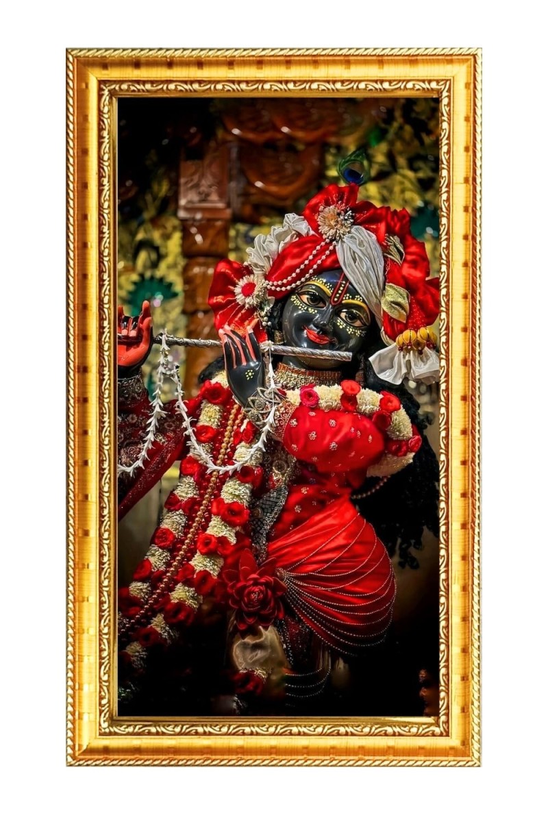Divine Krishna Digital Golden Color Photo Frame | Hindu Religious Wall Decor | 8x15 Inches - Inspirational Wall Art For Office, Home Decor - Ideal Spiritual Gift (F10257)