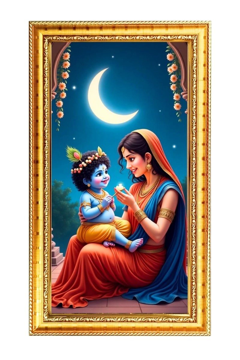 Yashoda & Gopal Digital Golden Color Photo Frame | Hindu Religious Wall Decor | 10x17 Inches - Inspirational Wall Art For Office, Home Decor - Ideal Spiritual Gift (F10317)