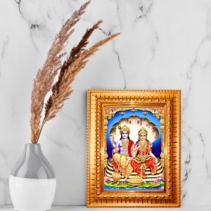 Lord Vishnu And Goddess Lakshmi Golden Designer Photo Frame | 10x14 Inch Religious Wall Hanging Frame For Home & Office Decoration | Hindu Deity Spiritual Gift Item