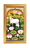 Pichwai Cow And Calf In A Lotus Pond Digital Golden Color Photo Frame | Hindu Religious Wall Decor | 12x19 Inches - Inspirational Wall Art For Office, Home Decor - Ideal Spiritual Gift (F10308)