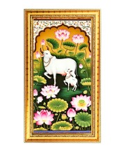Pichwai Cow And Calf In A Lotus Pond Digital Golden Color Photo Frame | Hindu Religious Wall Decor | 10x17 Inches - Inspirational Wall Art For Office, Home Decor - Ideal Spiritual Gift (F10308)