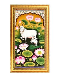 Pichwai Cow And Calf In A Lotus Pond Digital Golden Color Photo Frame | Hindu Religious Wall Decor | 12x19 Inches - Inspirational Wall Art For Office, Home Decor - Ideal Spiritual Gift (F10308)