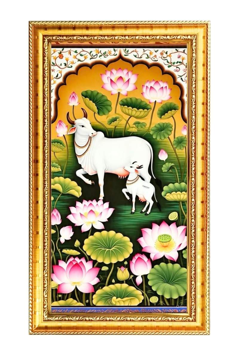 Pichwai Cow And Calf In A Lotus Pond Digital Golden Color Photo Frame | Hindu Religious Wall Decor | 12x19 Inches - Inspirational Wall Art For Office, Home Decor - Ideal Spiritual Gift (F10308)