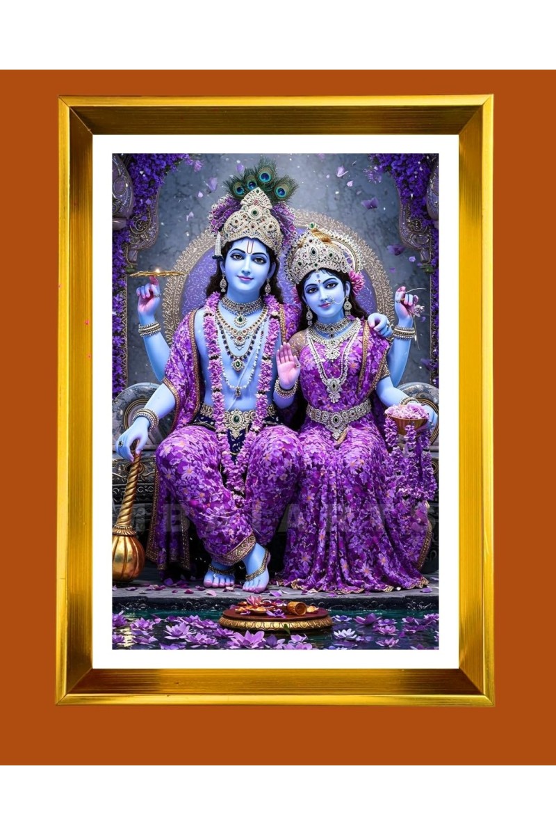 Divine Krishna And Radha Golden Photo Frame - 10x14 Inches | Elegant Wooden Frame For Home, Office & Temple Decoration | Spiritual Wall & Table Decor and Gift Item