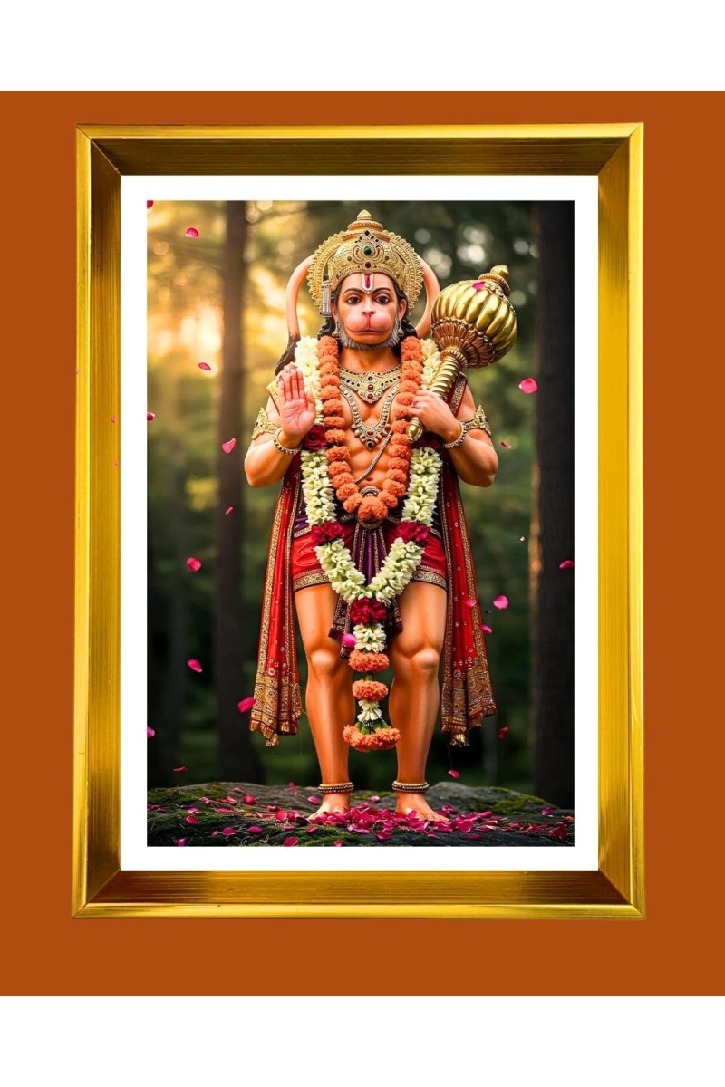 Lord Hanuman Golden Photo Frame - 10x14 Inches | Elegant Wooden Frame For Home, Office & Temple Decoration | Spiritual Wall & Table Decor And Gift Item (F9702)