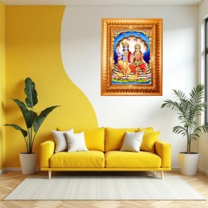 Lord Vishnu And Goddess Lakshmi Golden Designer Photo Frame | 10x14 Inch Religious Wall Hanging Frame For Home & Office Decoration | Hindu Deity Spiritual Gift Item