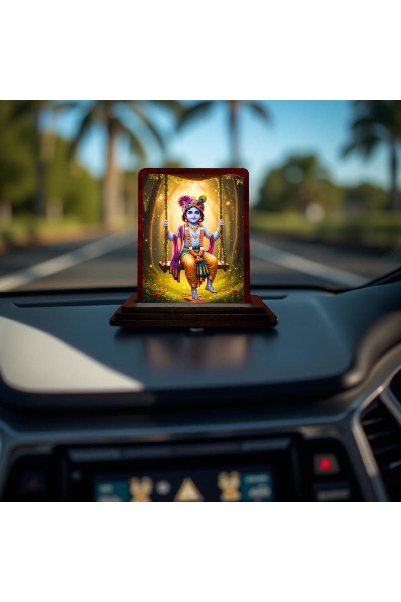 Car Desk/Table Top Lord Krishna Wooden Photo Stand 3x4 Inches, Compact & Stylish Spiritual Display For Car, Home & Office (Pack Of 1) (F14298)