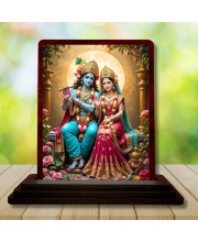 Car Desk/Table Top Radha Krishna Wooden Photo Stand 3x4 Inches, Compact & Stylish Spiritual Display For Car, Home & Office (Pack Of 1) (F14363)