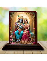 Car Desk/Table Top Radha Krishna Wooden Photo Stand 3x4 Inches, Compact & Stylish Spiritual Display For Car, Home & Office (Pack Of 1) (F14363)