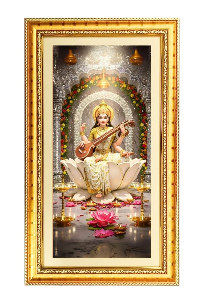 Devi Saraswati Digital Golden Color Photo Frame | Hindu Religious Wall Decor | 10x17 Inches - Inspirational Wall Art For Office, Home Decor - Ideal Spiritual Gift (F10386)