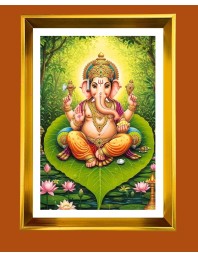 Lord Ganesha Golden Photo Frame - 10x14 Inches | Elegant Wooden Frame For Home, Office & Temple Decoration | Spiritual Wall & Table Decor and Gift Item