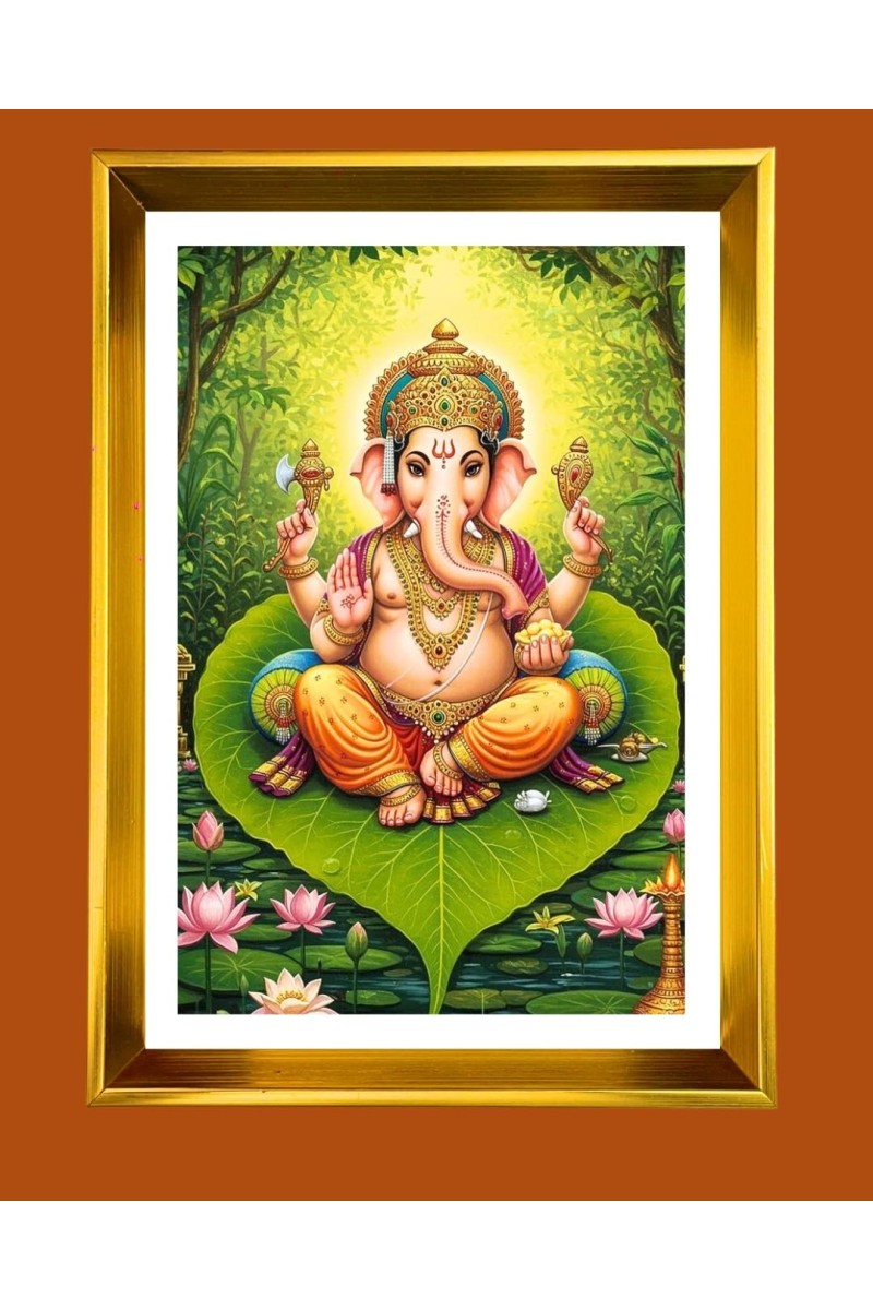 Lord Ganesha Golden Photo Frame - 10x14 Inches | Elegant Wooden Frame For Home, Office & Temple Decoration | Spiritual Wall & Table Decor and Gift Item