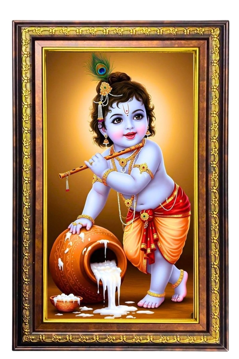 Lord Krishna Digital Golden Balck Color Photo Frame | Hindu Religious Wall Decor | 10x16 Inches - Inspirational Wall Art For Office, Home Decor - Ideal Spiritual Gift (F16793)