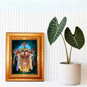 Lord Jagannath Golden Designer Photo Frame | 10x14 Inch Religious Wall Hanging Frame For Home & Office Decoration | Hindu Deity Lord Jagannath Spiritual Gift Item