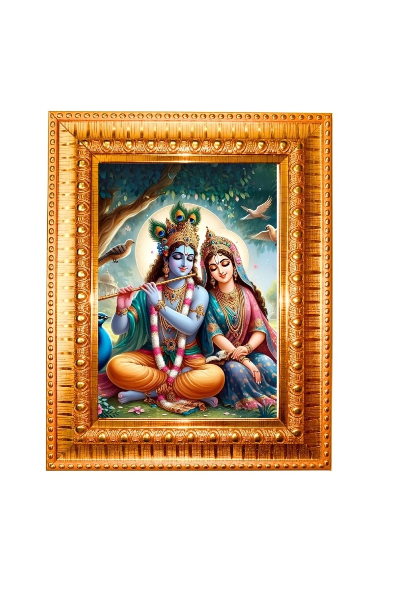 Flue Radha And Krishna Golden Designer Photo Frame | 10x14 Inch Religious Wall Hanging Frame For Home & Office Decoration | Hindu Deity Spiritual Gift Item