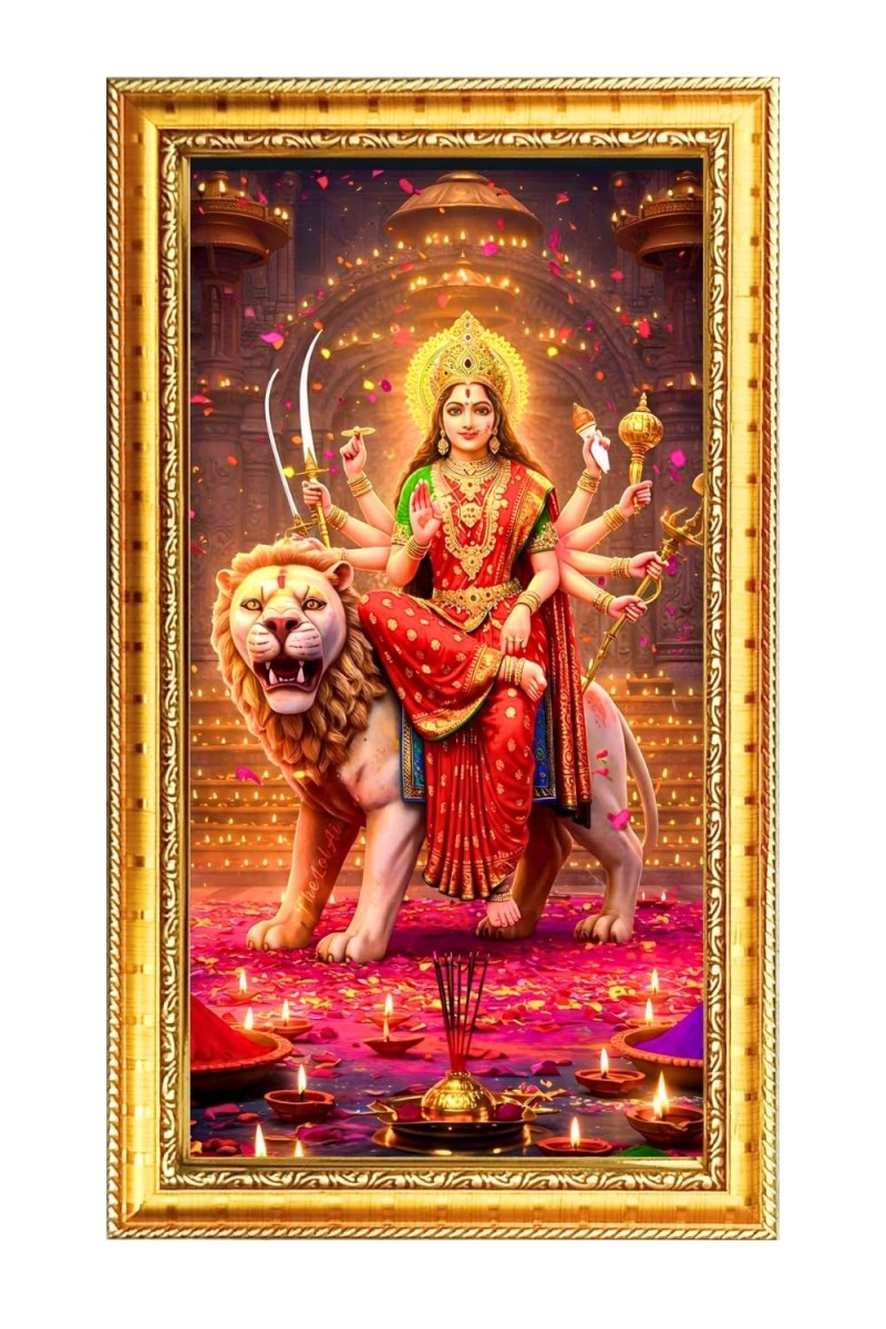 Devi Durga Digital Golden Color Photo Frame | Hindu Religious Wall Decor | 8x15 Inches - Inspirational Wall Art For Office, Home Decor - Ideal Spiritual Gift (F10196)
