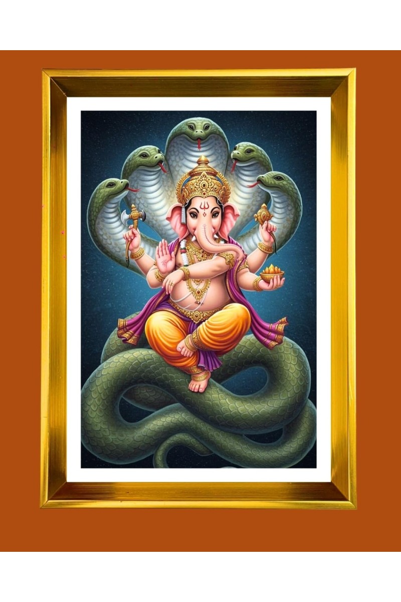 Lord Ganesha Golden Photo Frame - 10x14 Inches | Elegant Wooden Frame For Home, Office & Temple Decoration | Spiritual Wall & Table Decor and Gift Item