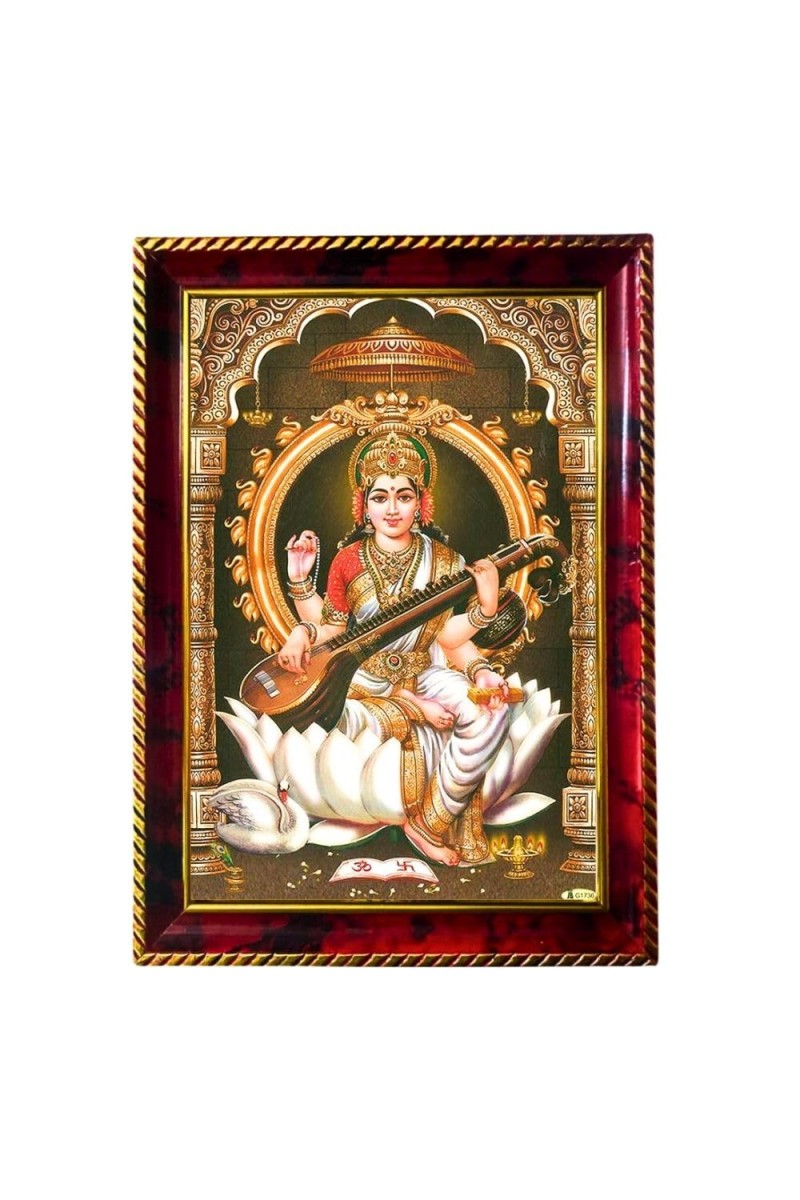 Goddess Saraswathi Photo Frame For Wall & Table | 7x9 Inch Golden Cherry Finish | Decorative Goddess Saraswathi Photo Frame For Home, Office & Pooja Room (F11563)