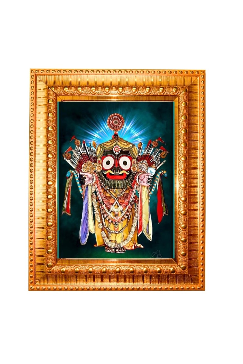 Baby Krishna Golden Designer Photo Frame | 14x18 Inch Religious Wall Hanging Frame For Home, Office Decoration and Spiritual Gift Item (M3)