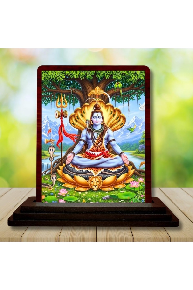 Car Desk/Table Top Lord Shiva Wooden Photo Stand 3x4 Inches, Compact & Stylish Spiritual Display For Car, Home & Office (Pack Of 1) (F14534)