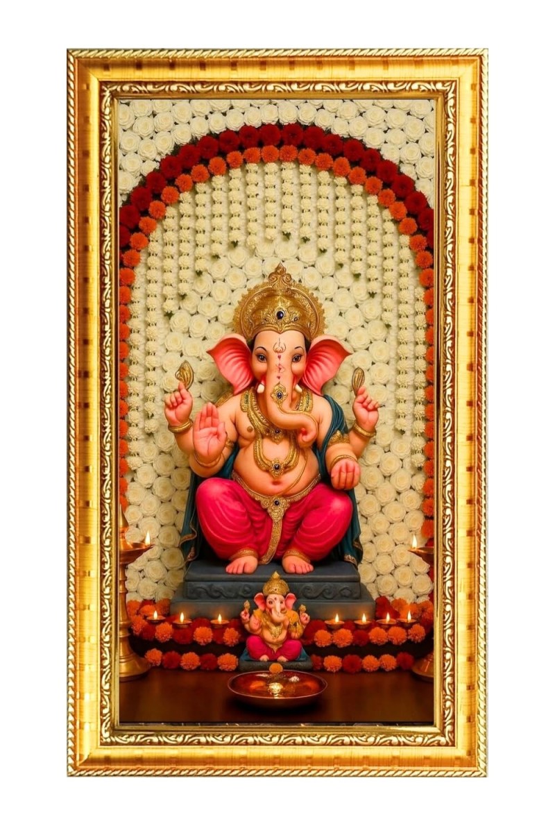 Lord Ganesh Digital Golden Color Photo Frame | Hindu Religious Wall Decor | 8x15 Inches - Inspirational Wall Art For Office, Home Decor - Ideal Spiritual Gift (F10332)