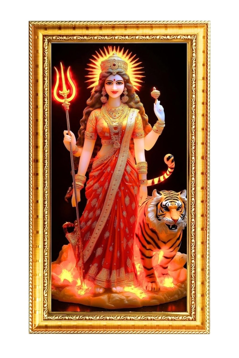 Devi Durga Digital Golden Color Photo Frame | Hindu Religious Wall Decor | 10x17 Inches - Inspirational Wall Art For Office, Home Decor - Ideal Spiritual Gift (F10355)