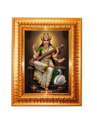 Maa Saraswati Golden Designer Photo Frame | 16x20 Inch Religious Wall Hanging Frame For Home & Office Decoration | Hindu Deity Spiritual Gift Item