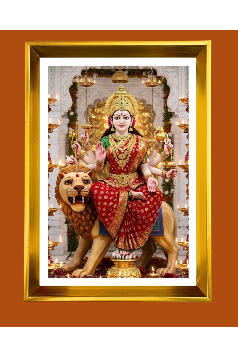 Durga Mata Ji Golden Photo Frame - 12x16 Inches | Elegant Wooden Frame For Home, Office & Temple Decoration | Spiritual Wall & Table Decor And Gift Item (F9703)