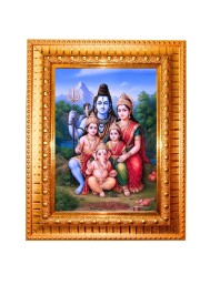 Goddess Shiv, Parvati Family Golden Designer Photo Frame | 18x22 Inch Religious Wall Hanging Frame For Home & Office Decoration | Hindu Deity Spiritual Gift Item