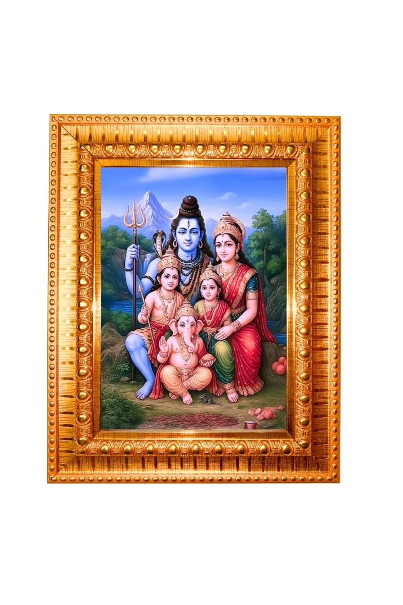 Goddess Shiv, Parvati Family Golden Designer Photo Frame | 14x18 Inch Religious Wall Hanging Frame For Home & Office Decoration | Hindu Deity Spiritual Gift Item