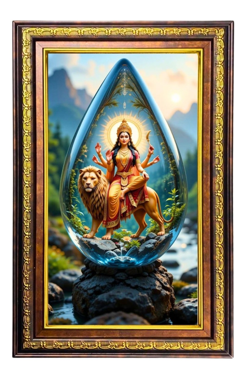 Goddess Durga Digital Golden Balck Color Photo Frame | Hindu Religious Wall Decor | 10x16 Inches - Inspirational Wall Art For Office, Home Decor - Ideal Spiritual Gift (F16875)