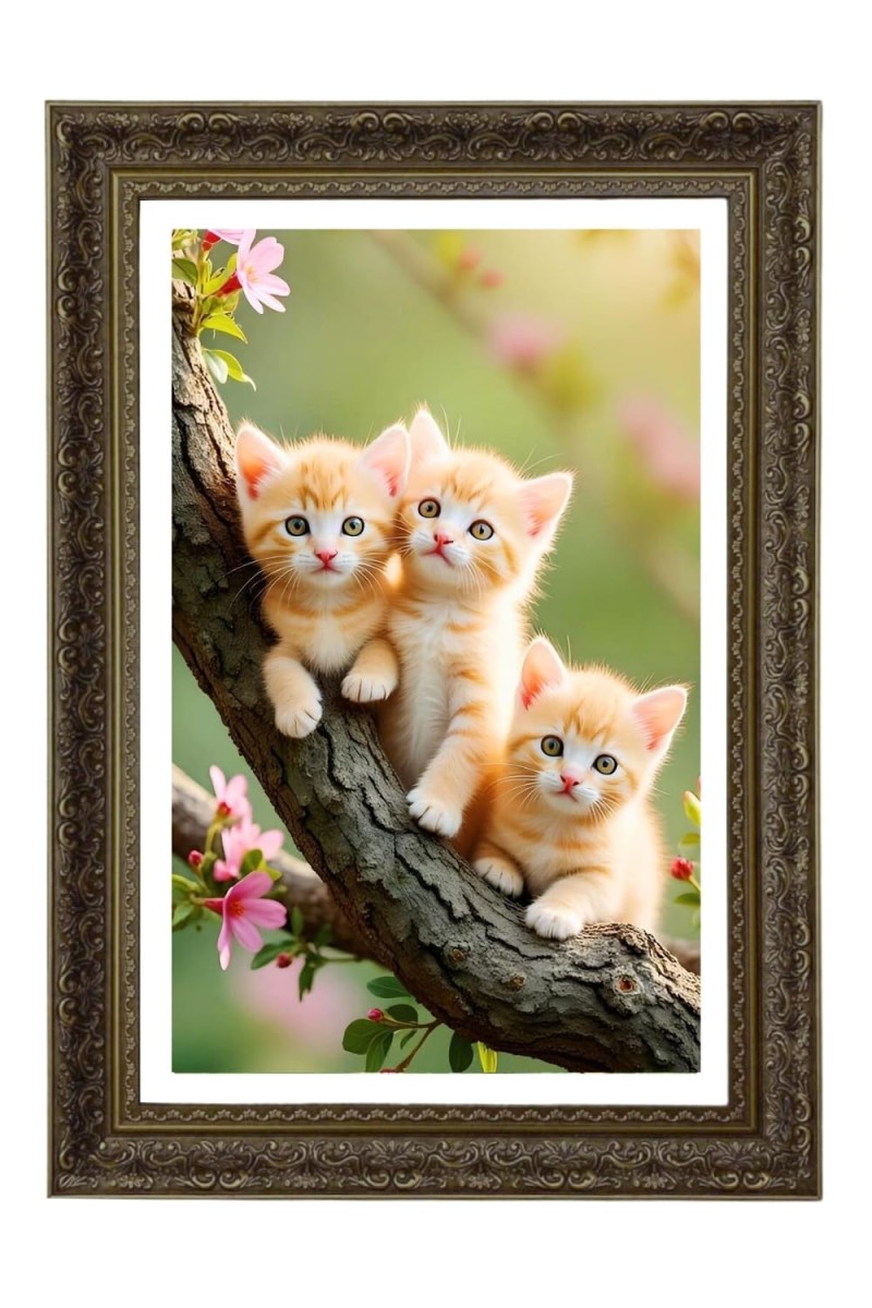Orange Kittens Sitting On A Tree Big Photo Frame - 20x28 Inches For Home,Temple & Office Decoration (F11061)