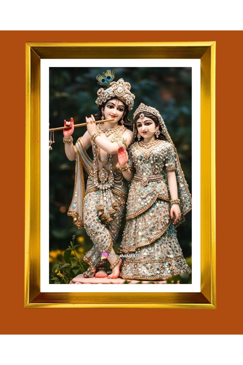Divine Krishna And Radha Golden Photo Frame - 10x14 Inches | Elegant Wooden Frame For Home, Office & Temple Decoration | Spiritual Wall & Table Decor and Gift Item