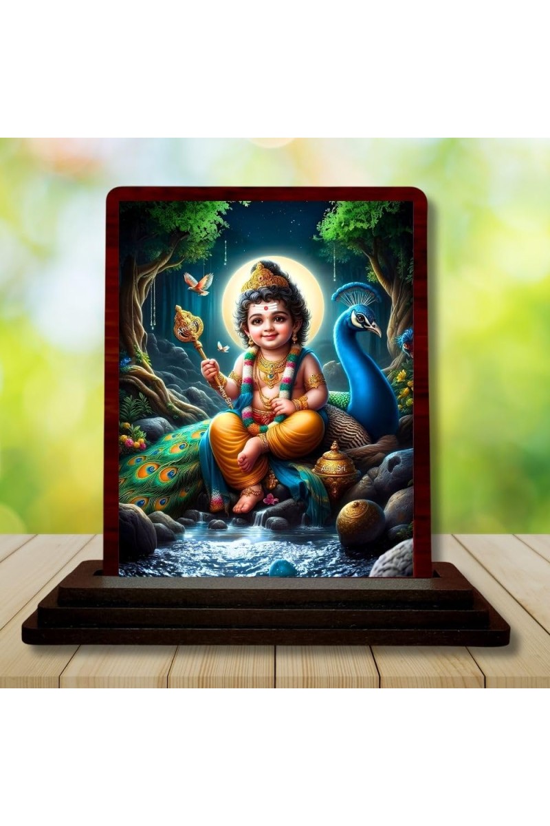 Car Desk/Table Top Lord Murugan Wooden Photo Stand 3x4 Inches, Compact & Stylish Spiritual Display For Car, Home & Office (Pack Of 1) (F14314)