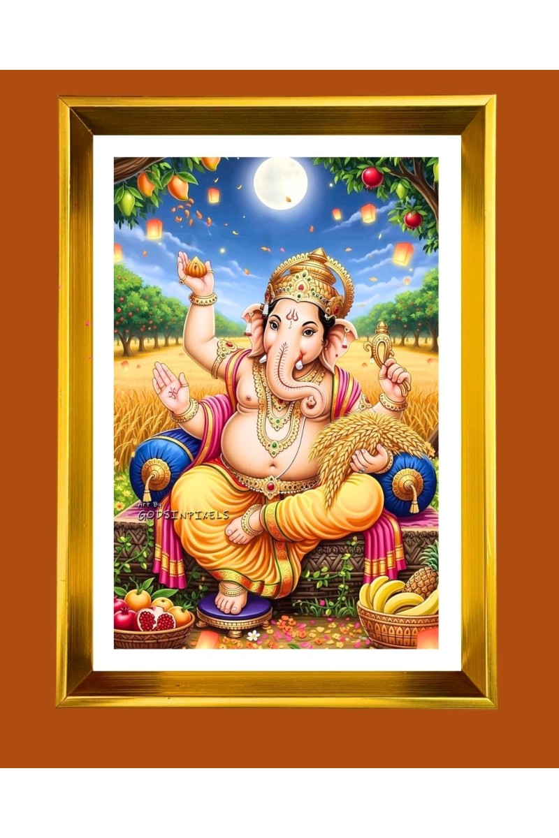 Lord Ganesha Golden Photo Frame - 10x14 Inches | Elegant Wooden Frame For Home, Office & Temple Decoration | Spiritual Wall & Table Decor and Gift Item