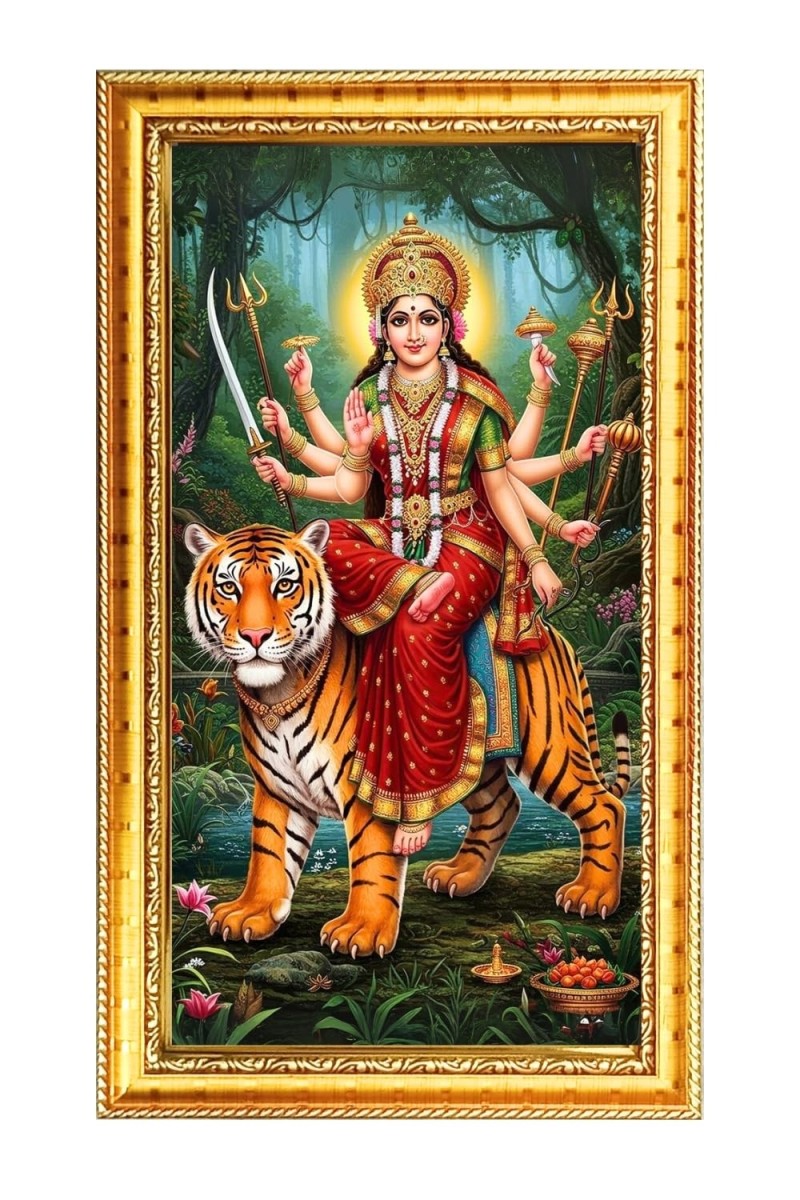 Devi Durga Digital Golden Color Photo Frame | Hindu Religious Wall Decor | 10x17 Inches - Inspirational Wall Art For Office, Home Decor - Ideal Spiritual Gift (F10255)