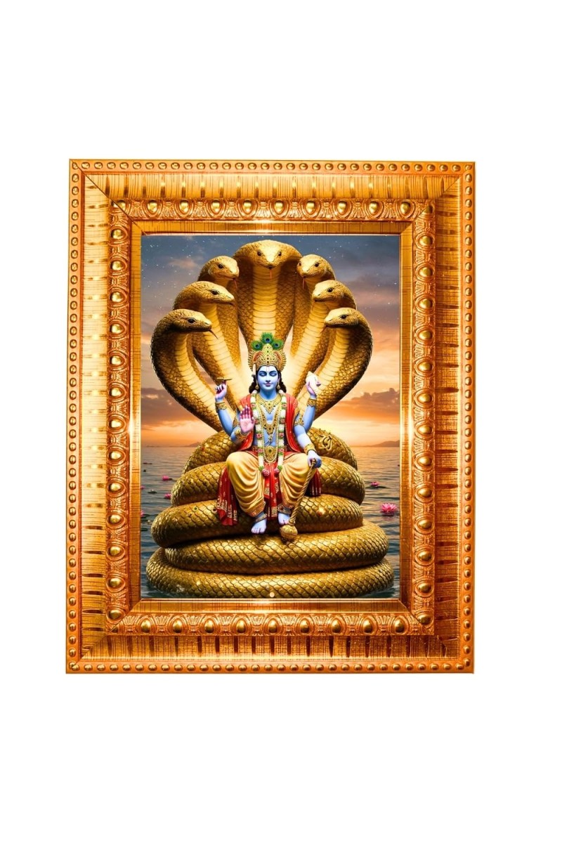 Lord Vishnu Golden Designer Photo Frame | 14x18 Inch Religious Wall Hanging Frame For Home & Office Decoration | Hindu Deity Spiritual Gift Item