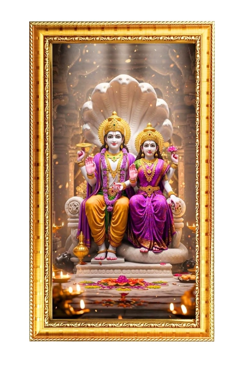 Lord Vishnu & Lakhsmi Digital Golden Color Photo Frame | Hindu Religious Wall Decor | 8x15 Inches - Inspirational Wall Art For Office, Home Decor - Ideal Spiritual Gift (F10216)